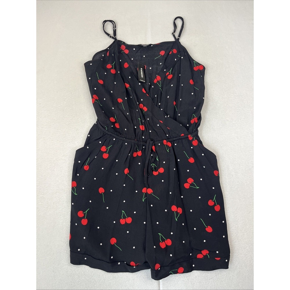 Express Black Cherry Polka Dot Romper Womens Large NWT Adjustable Straps Pockets